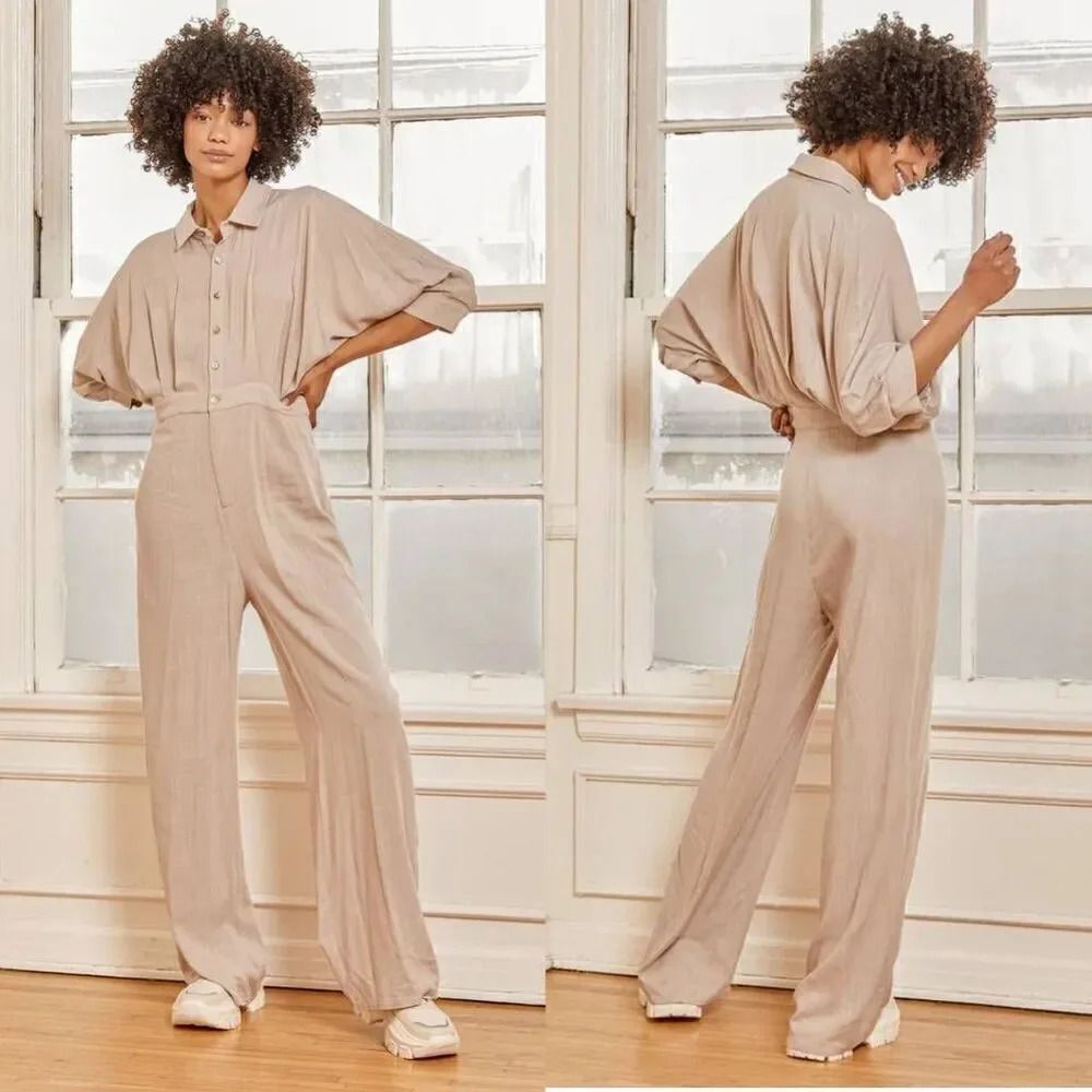 Lulus Bring the Dream Beige Button-Up Jumpsuit M NWT